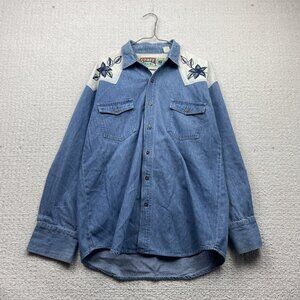 VTG Staff Travel Denim Shirt Jacket Men's Western Style Floral Light Blue Read